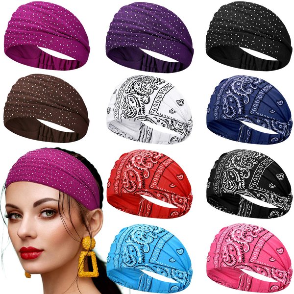 WILLBOND 10 Pcs Wide Bandana Headbands for Women Boho Paisley Crystal Headbands Stretchy Turban Bling Rhinestone Headwrap Elastic Yoga Hair Bands for Workout Running Cycling Climbing