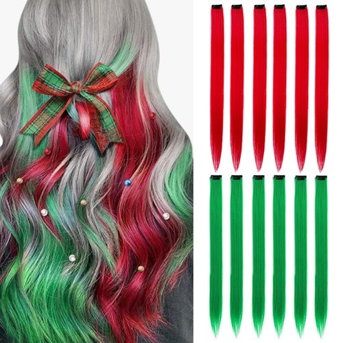 12 Pcs Red and Green Clip in Hair Extensions Long Straight Synthetic Hairpieces Christmas Women Festivals Party Supplies