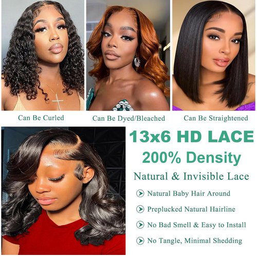 Body Wave 13x6 HD Lace Front Wigs Human Hair 200% Density Bob Wig Human Hair Pre Plucked Short Bob Wigs for Black Women Glueless Frontal Wig Human Hair Natural Black Loose Wavy 14 inch Bob Wig