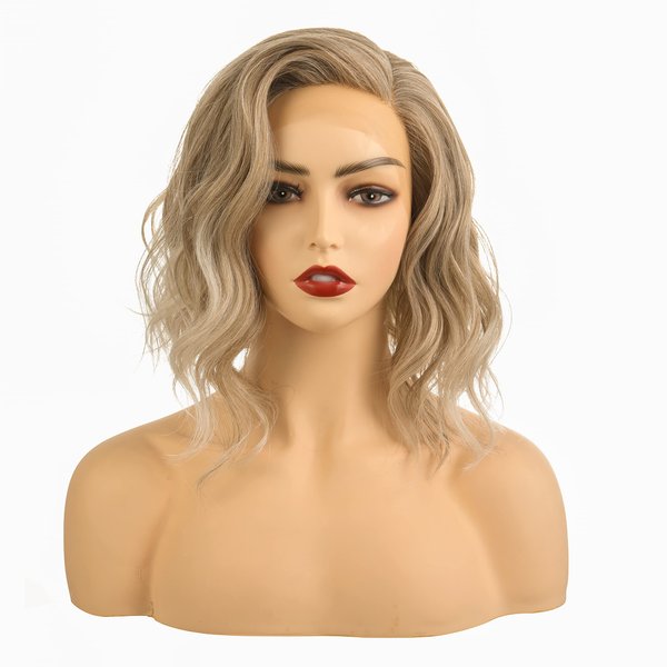 Onedor Shoulder Length Lace Front Short Wavy Hair Bob Wigs for Women (Platinum Blonde Brown Ombre-PBB)
