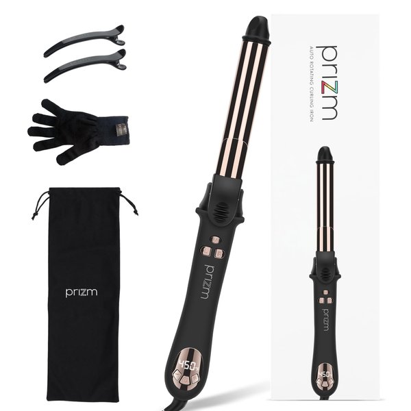 Prizm Professional 1 Inch Rotating Curling Iron, Nano Titanium Curling Wand, Automatic Hair Curler with 11 Adjustable Temps 250°F to 450°F, Anti Frizz Dual Voltage