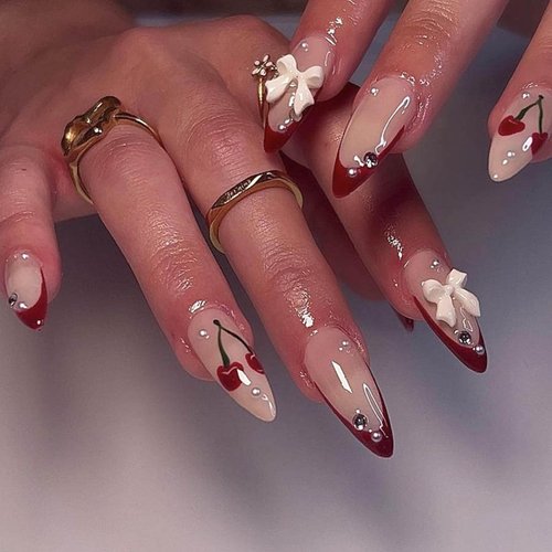 Medium-Long Almond Press on Nails Red French Tip Fake Nails Cherry White Bow Designs Artificial False Nails Glossy Nude Small Rhinestone Full Cover Acrylic Nails for Women Girls