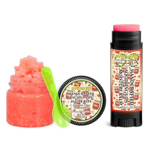 Jammin' Like Schmuckers Soothing & Luscious Lips by OverSoyed Exfoliator & Chapped Lip Repair Lip Care Combo | Artisan Handcrafted to Order Strawberry Jelly Sugar Sweet Lemon Flavored Exfoliating Sugar Lip Scrub & Lip Moisturizer Balm Gift Set