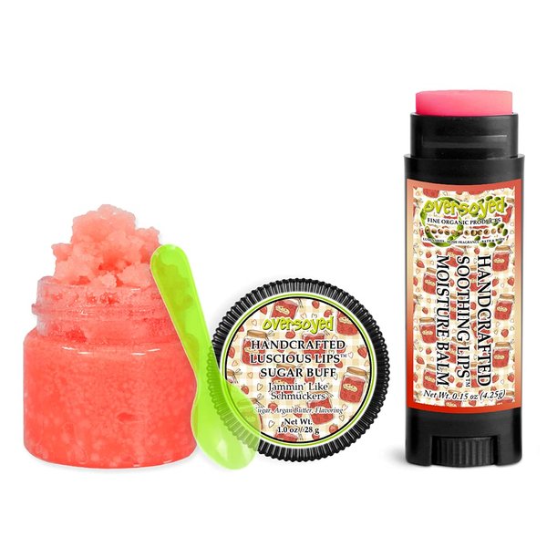 Jammin' Like Schmuckers Soothing & Luscious Lips by OverSoyed Exfoliator & Chapped Lip Repair Lip Care Combo | Artisan Handcrafted to Order Strawberry Jelly Sugar Sweet Lemon Flavored Exfoliating Sugar Lip Scrub & Lip Moisturizer Balm Gift Set