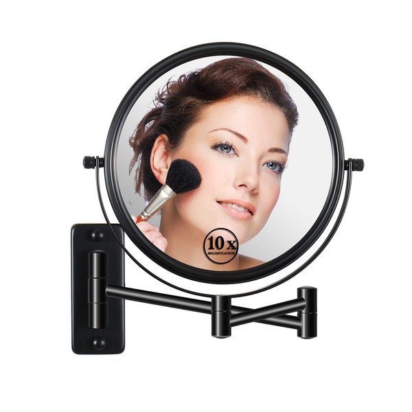 LANSI Wall Mounted Makeup Mirror - 1X/10X Magnifying Mirror 360° Extendable Arm Mirror for Makeup, 8 Inch Double Sided Vanity Mirror for Bathroom, Wall Mirror for Teen Girls, Women, Matte Black