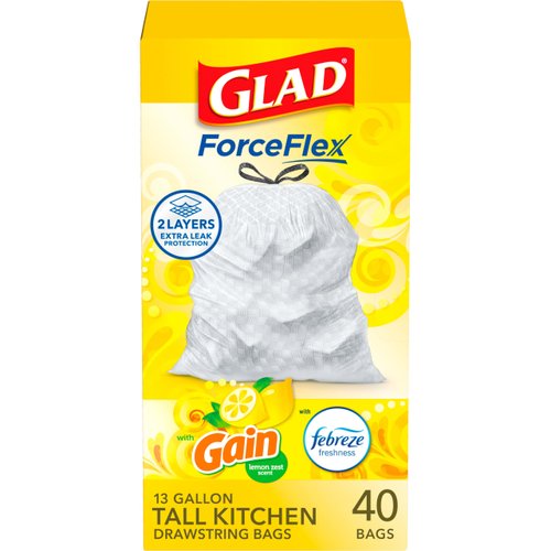 Glad Trash Bags, ForceFlex Tall Drawstring Garbage Bags, 13 Gallon Grey Trash Bags for Tall Kitchen Trash Can, Citrus & Zest with Febreze Freshness to Eliminate Odors, 40 Count - Packaging May Vary