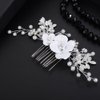 Teyglen Bride Wedding Flower Hair Comb Silver Leaf Headpiece Bridal Pearl Crystal Hair Piece Decorative Hair Accessories for Bride Dainty White Flower Side Comb for Women Girls