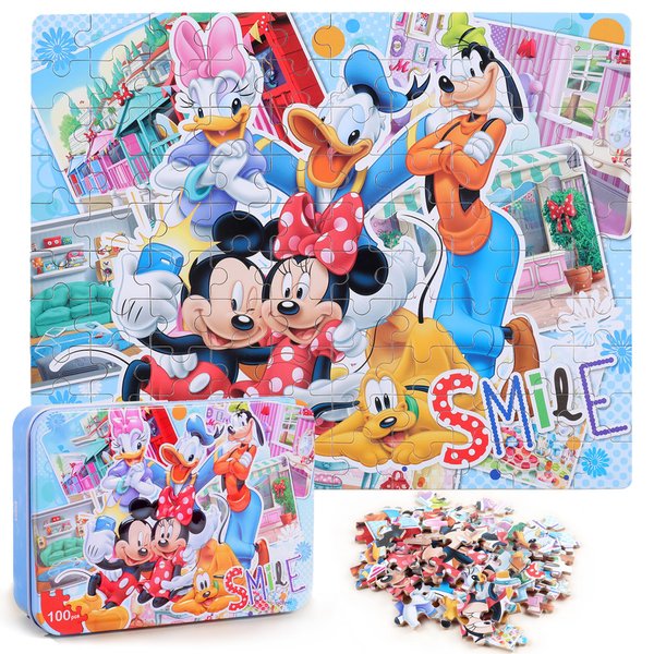 LELEMON Puzzle for Kids Ages 4-8 in a Metal Box 100 Piece Learning Educational Puzzles for Children Girls and Boys