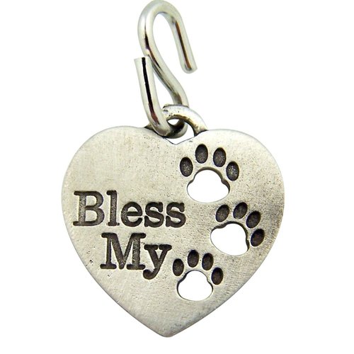 Pewter Heart Shape Bless My Pet Dog Cat Collar Charm with Paw Prints, 1 Inch
