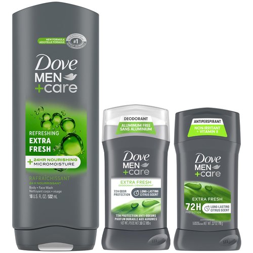 Dove Men + Care Extra Fresh Bundle – Men’s Body Wash, Aluminum-Free Deodorant + Antiperspirant, 72H Protection, Citrus Scent (3 Piece Set)