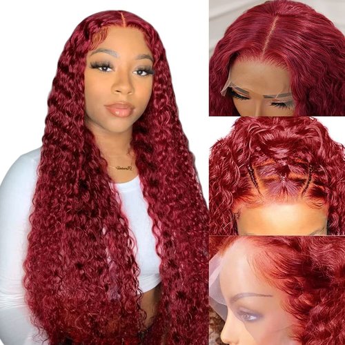 13x4 99J Lace Front Wigs for Women Burgundy Deep Wave Lace Front Wigs Human Hair Pre Plukced with Baby Hair Red Colored Deep Curly Human Hair Wigs 150% Density