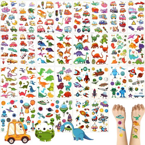30 Sheets Temporary Tattoos Kit for Kids, 300Pcs Fake Cute Tattoo Stickers Waterproof, Birthday Party Favor (Dinosaurs ＆ Space ＆ Vehicle)