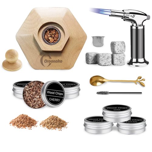 Cocktail Smoker Kit with Torch,Old Fashioned Smoker Kit with 6 Flavour Wood Chips and 4 Ice Cube Whiskey Stone for Bar Lovers,Father,Husband gift (Butane Not Included)