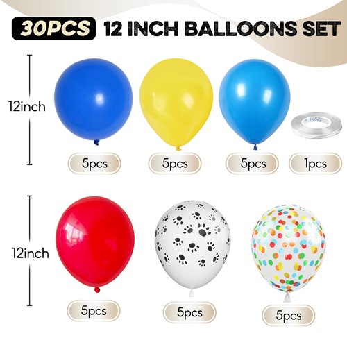 Dog Paw Balloons, 12 Inch Carnival Circus Balloons Red Yellow Blue and White Paw Print Puppy Balloons Colorful Confetti Latex Balloons for Dog Themed Birthday Party Decorations