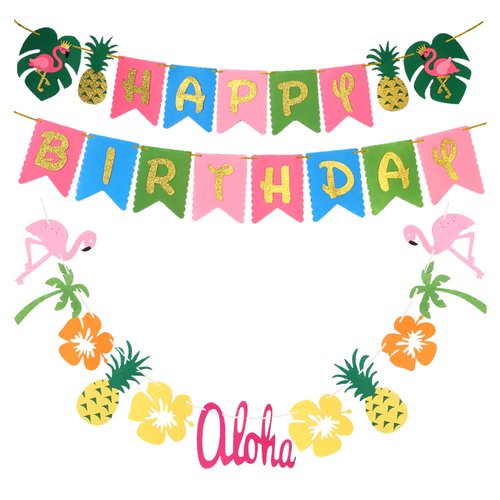 Hawaiian Party Decoration |Luau Party Supplies| Hawaiian Tropical Banner, Flamingo Garland for Pool Party Supplies,Tropical Party Decoration(set of 2),Birthday Banner for Beach Moana Party decorations