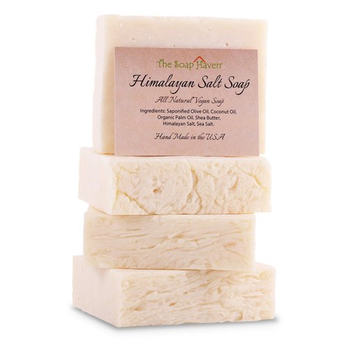 HIMALAYAN SALT SOAP BARS with Sea Salt & Shea Butter (4 Bars, 4.5oz each) - Handmade in USA with ALL NATURAL, NON-GMO, Unscented Ingredients.