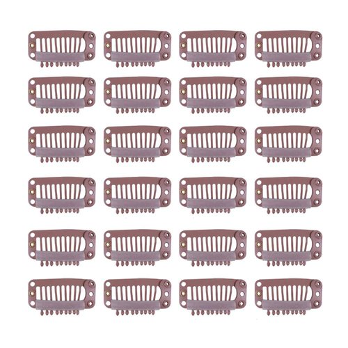 24 pcs/lot 32mm 9-teeth Metal Wig Clips Wig Hair Extension Clips with Rubber Snap Clips for Hairpiece Wig Accessories Clips (Light Brown)