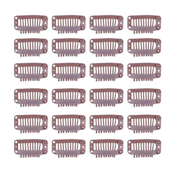 24 pcs/lot 32mm 9-teeth Metal Wig Clips Wig Hair Extension Clips with Rubber Snap Clips for Hairpiece Wig Accessories Clips (Light Brown)