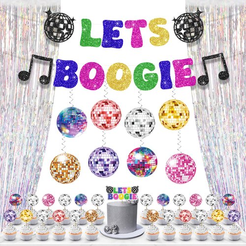 Disco Party Decorations, Colorful Disco Themed Party Decorations Lets Boogie Banner Swirls Laser Metallic Tinsel Foil Fringe Curtains Disco Ball Cake Cupcake Toppers Back to 60s 70s 80s 90s