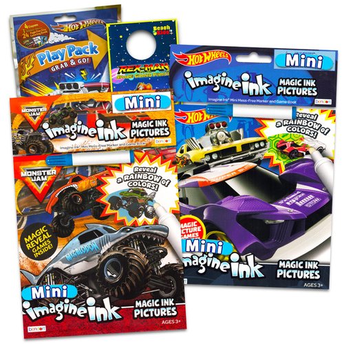 Monster Jam and Hot Wheels Magic Ink Coloring Book Set Kids Toddlers - Bundle with 2 Imagine Ink Coloring Books with Invisible Ink Pens, Racecar Stickers and Door Hanger