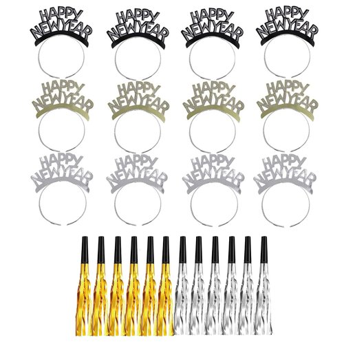 Tawecrew 24 Pieces New Years Eve Party Supplies 2025,Happy New Year Headband Tiara,Metallic Fringed Noise Makers Gold Sliver for Kids and Adults