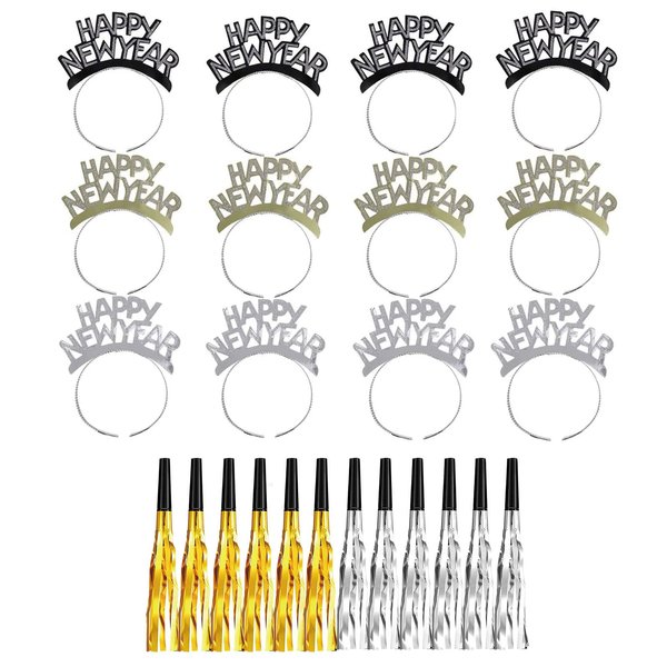 Tawecrew 24 Pieces New Years Eve Party Supplies 2025,Happy New Year Headband Tiara,Metallic Fringed Noise Makers Gold Sliver for Kids and Adults