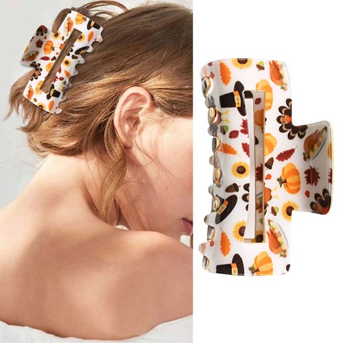 HIFANMM Fall Hair Claw Clips Thanksgiving Hair Accessories for Women Girls, Pumpkin Turkey Maple Leaf Hair Clips, Square Acrylic Non Slip Hairpins for Thick Thin Hair Decorations