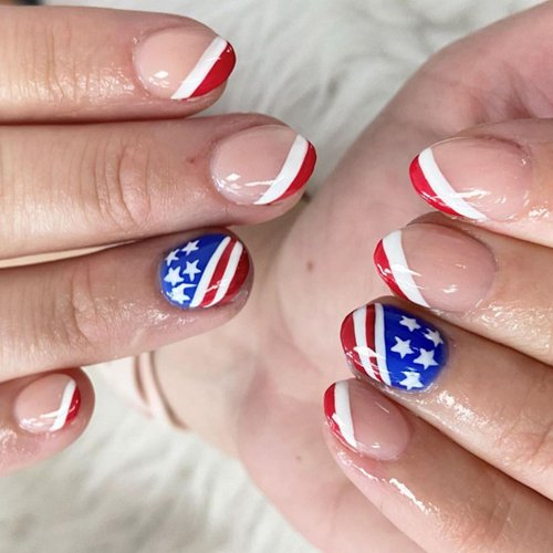 24 Pcs 4th of July Press on Nails Short Almond Fake Nails American Flag French Tip Design Glue on Nails Pattern Full Cover False Nails Nude Patriotic Stick on Nails for Independence Day Manicure Tips