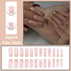MISUD Long Square Press on Nails Squoval Fake Nails Glossy Glue on Nails Bling Gold Glitter Acrylic Nails French Tip Artificial Nails Wave Line Stick on False Nails with Swirl Design 24 pcs