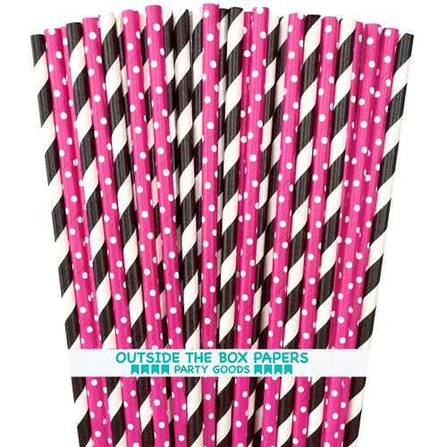 Outside the Box Papers Diva Theme Stripe and Polka Dot Paper Straws 7.75 Inches 100 Pack Hot Pink, Black, White
