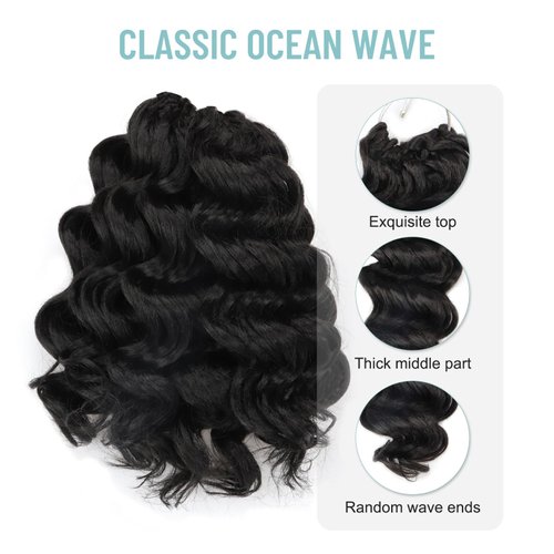 ToyoTree Ocean Wave Crochet Hair - 9 Inch 8 Packs Natural Black Short Curly Deep Wave Crochet Hair, Synthetic Ocean Wave Braiding Hair Extensions (9 Inch,1B-8P)