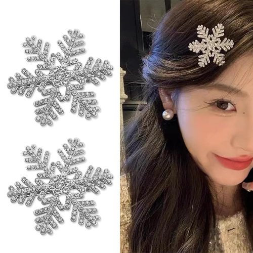 2 Pcs Crystal Snowflakes Hair Clips with Silver Glitter Rhinestone Duckbill Clip, Christmas Wedding Hair Accessories for Women Girls, Size Around 2"
