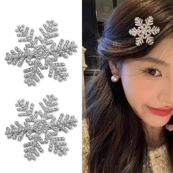 2 Pcs Crystal Snowflakes Hair Clips with Silver Glitter Rhinestone Duckbill Clip, Christmas Wedding Hair Accessories for Women Girls, Size Around 2"