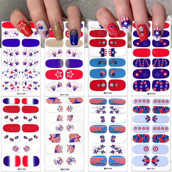 8Sheets Independence Day Full Wrap Nail Stickers 4th of July Patriotic Memorial Design Glitter Nail Polish Strips American Star Flag Gel Polish Nail Decals Nail Wraps for Women DIY Nail Decor Supplies
