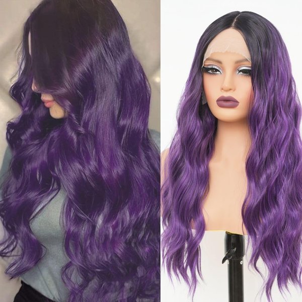 Salaibs Purple Lace Front Wigs for Women Long Curly Wavy Hair Wig with Black Roots Heat Resistant Fiber Wig for Daily Halloween Use