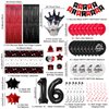 16th Birthday Decorations for Boys and Girls Red Black, Sweet 16 Party Decorations-Happy 16th Birthday Banner Number 16 Balloon Foil Crown Balloon Hanging Swirls Fringe Curtains Tablecloth