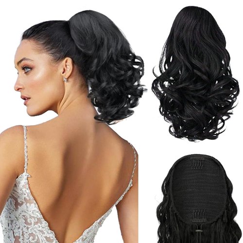 PORSMEER Short Black Drawstring Ponytail Extension,12 inch Wavy Curly Fake Ponytail Hair Extensions Natural Synthetic Clip in Pony Tails Hairpieces for Women Daily Party