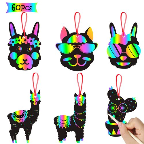 WATINC 60 pcs Alpaca Scratch Cards Art Set for Kids and Adults,DIY Color Card Art Craft Kit, Llama Carnival Party Favor,Llama Themed Fun Game, 6 Styles with Ribbon &Wood Stylus