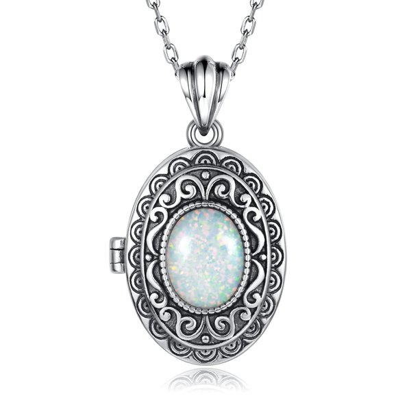 MANBU Sterling Silver Locket Necklace for Women: Oval-Shaped Opal Heart Locket Pendant Holds Pictures Always with You Vintage Style Photos Locket Jewelry Gifts for Loved One (Opal locket necklace)