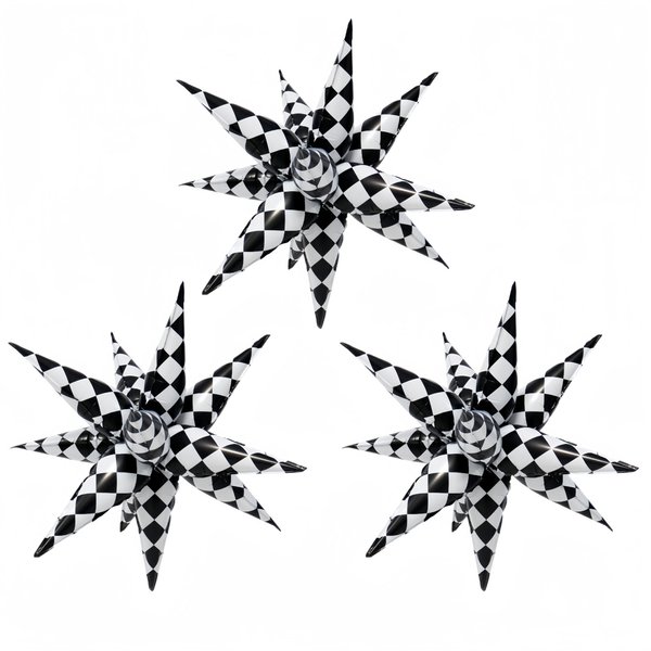 3 * 12PCS Black White Checkered Explosion Pointed Star Foil Balloons/4D Checkered Racing Balloons/Race Car Birthday Party Supplies/Las Vegas Casino Party/Father's Day Boys Birthday Party/Alice Theme