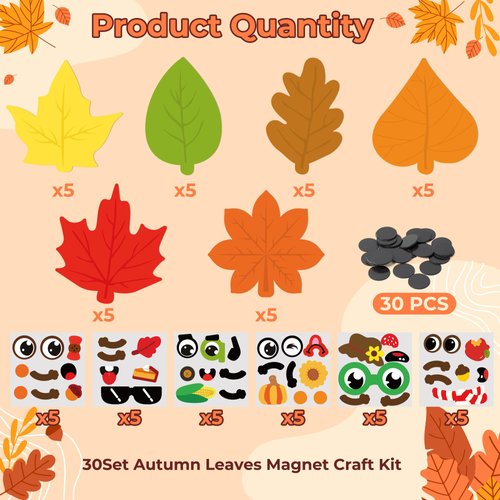 Haooryx DIY Fall Leaf Magnet Craft Kit for Kids 30 Set Maple Leaves DIY Magnet Stickers Autumn Art Craft Supplies for School DIY Activities Supplies Home Refrigerator Class Blackboard Whiteboard Decor