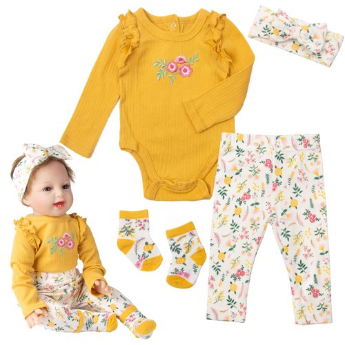 Reborn Baby Girl Doll Clothes Accessories 4 Pieces Set of Printed Yellow Suits for 20-22 inch Reborn Doll Fake Baby Clothes Supplies