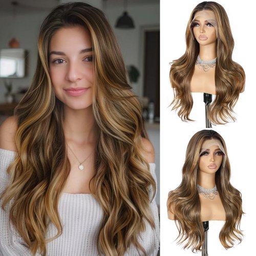 SAPPHIREWIGS Brown Wavy Wig 13x4 Lace Front Wigs Highlight Chestnut Brown with Tips Glueless Synthetic Wigs for Women Pre Plucked Heat Resistant Hair 20 Inches