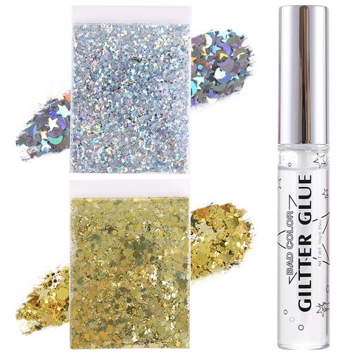 BADCOLOR 2 Packs Silver Gold Body Glitters + Glue Kit, Holographic Chunky Sequins for Face, Hair,...