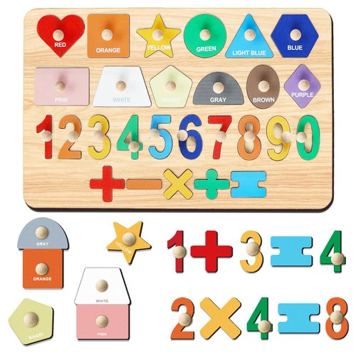 HISHERTOY Montessori Toys Wooden Shape Puzzles for Toddlers Peg Puzzles for Toddlers Kids Number Puzzles Geometric Color Matching Sorting Board Preschool Learning Toys Birthday Gifts for Boy Girl