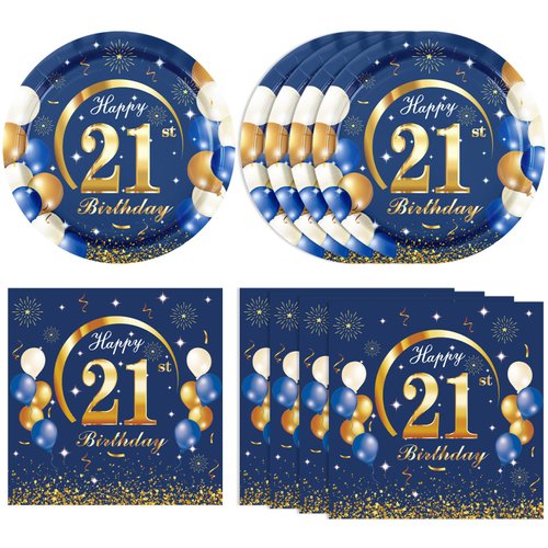 21st Birthday Party Supplies 21st Navy Blue and Gold Birthday Decor Includes Plates Napkins 21 Years Old Birthday Decoration Supplies for Boys Girls Men Women