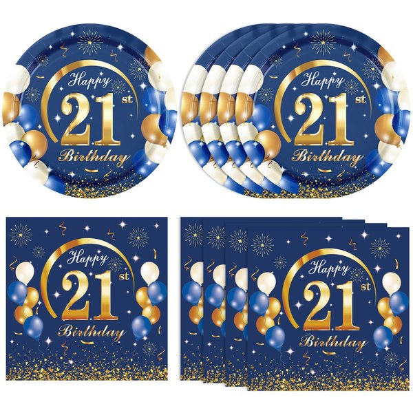 21st Birthday Party Supplies 21st Navy Blue and Gold Birthday Decor Includes Plates Napkins 21 Years Old Birthday Decoration Supplies for Boys Girls Men Women