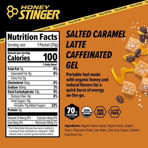 Honey Stinger Organic Salted Caramel Energy Gel | Caffeinated & Gluten Free | for Exercise, Running and Performance | Sports Nutrition for Home & Gym, Pre and Mid Workout | 12 Pack, 13.2 Ounce