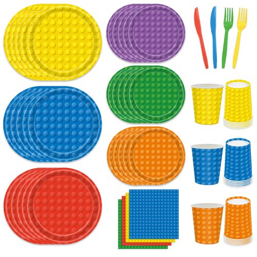 Building Block Party Supplies for Boys Kids Colorful Blocks Bricks Birthday Party Decorations Paper Plates Napkins Cups with Knives Forks for Building Block Tableware Serves 30 Guests