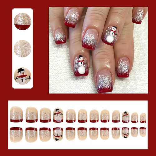 24PCS Glitter Christmas Press on Nails Short Square Winter Snowflake Fake Nails Cute Snowmen Design Silver Glitter False Nails Red French Tips Acrylic Nails Snowflake Glue on Nails for Women Girls